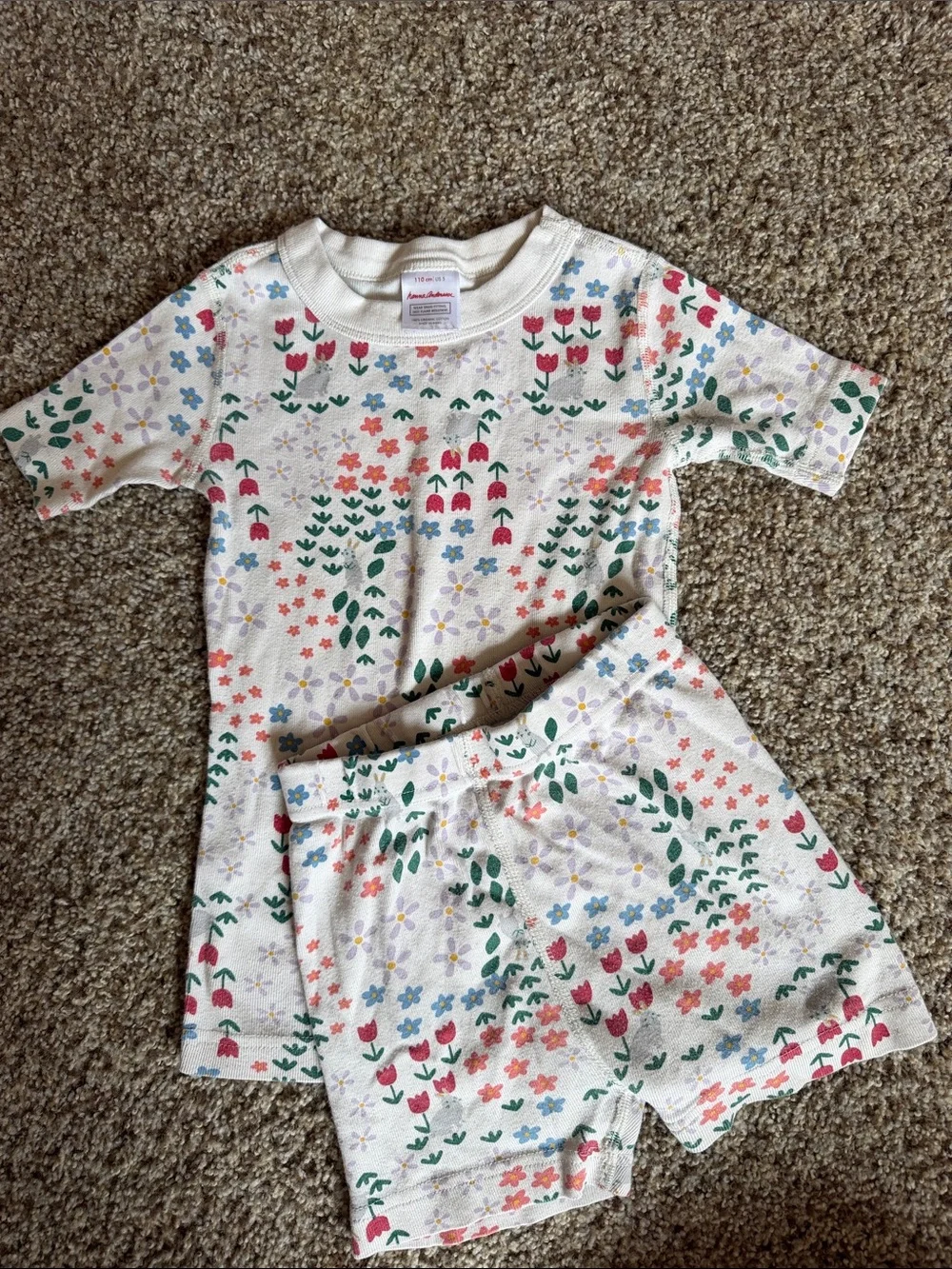 Hanna Andersson Cream Floral Short Pajama Set with Coral, Green & Blue